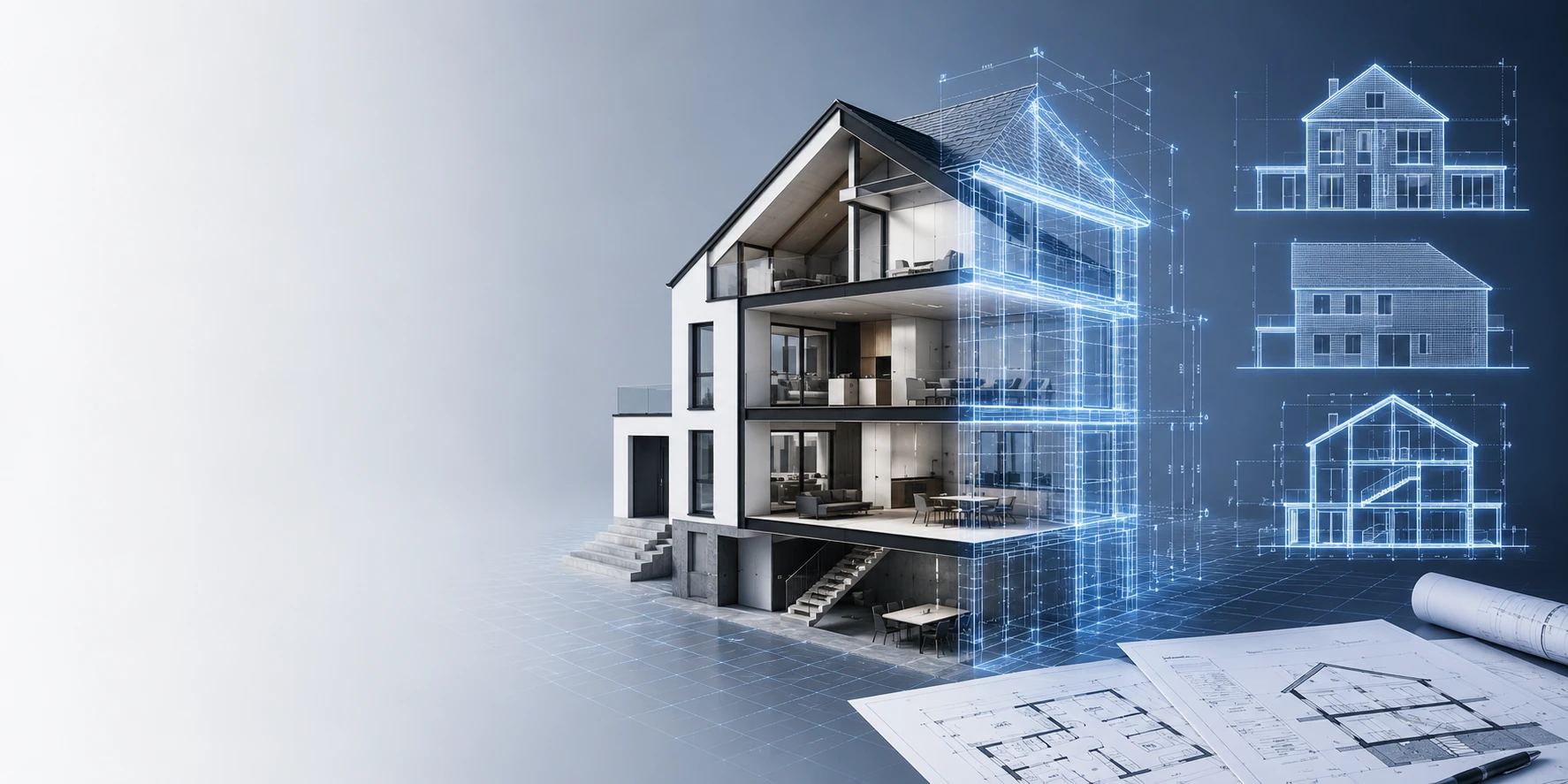 Halb transparentes Wohnhaus im 3D-Modell mit sichtbaren Innenräumen, daneben schwebende Fassadenansichten und Baupläne auf dem Tisch