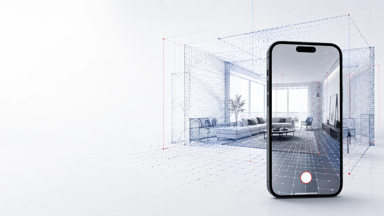 Smartphone mit mkm|Scan App erfasst ein Wohnzimmer als 3D-Punktwolke