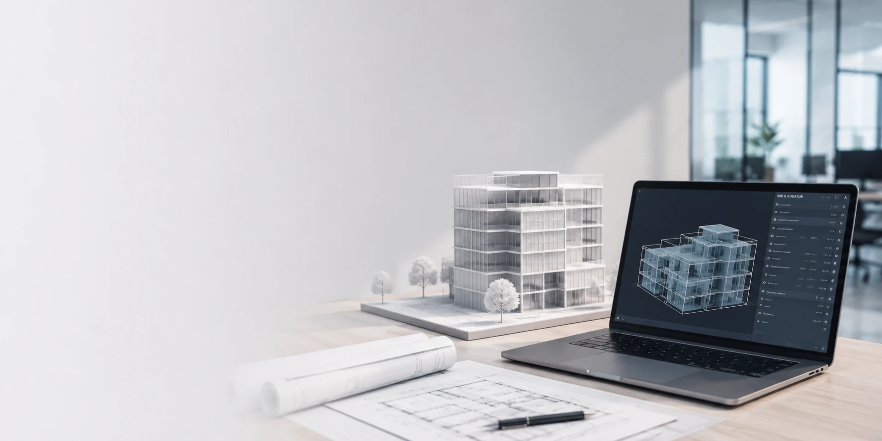 Architekturmodell eines mehrgeschossigen Gebäudes neben einem Laptop, auf dem das Gebäudevolumen als 3D-Modell dargestellt wird, daneben Baupläne
