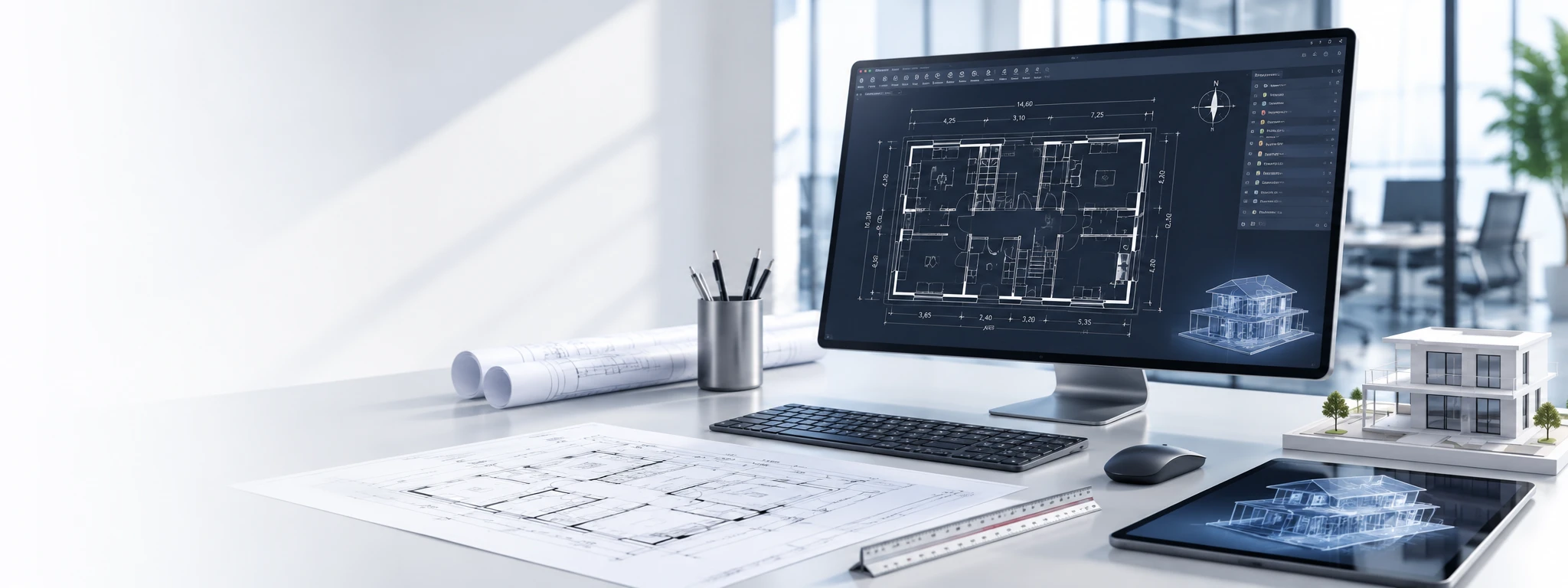 CAD-Arbeitsplatz mit Grundriss am Monitor, Bauplänen, Maßstab, Tablet mit 3D-Modell und Architekturmodell