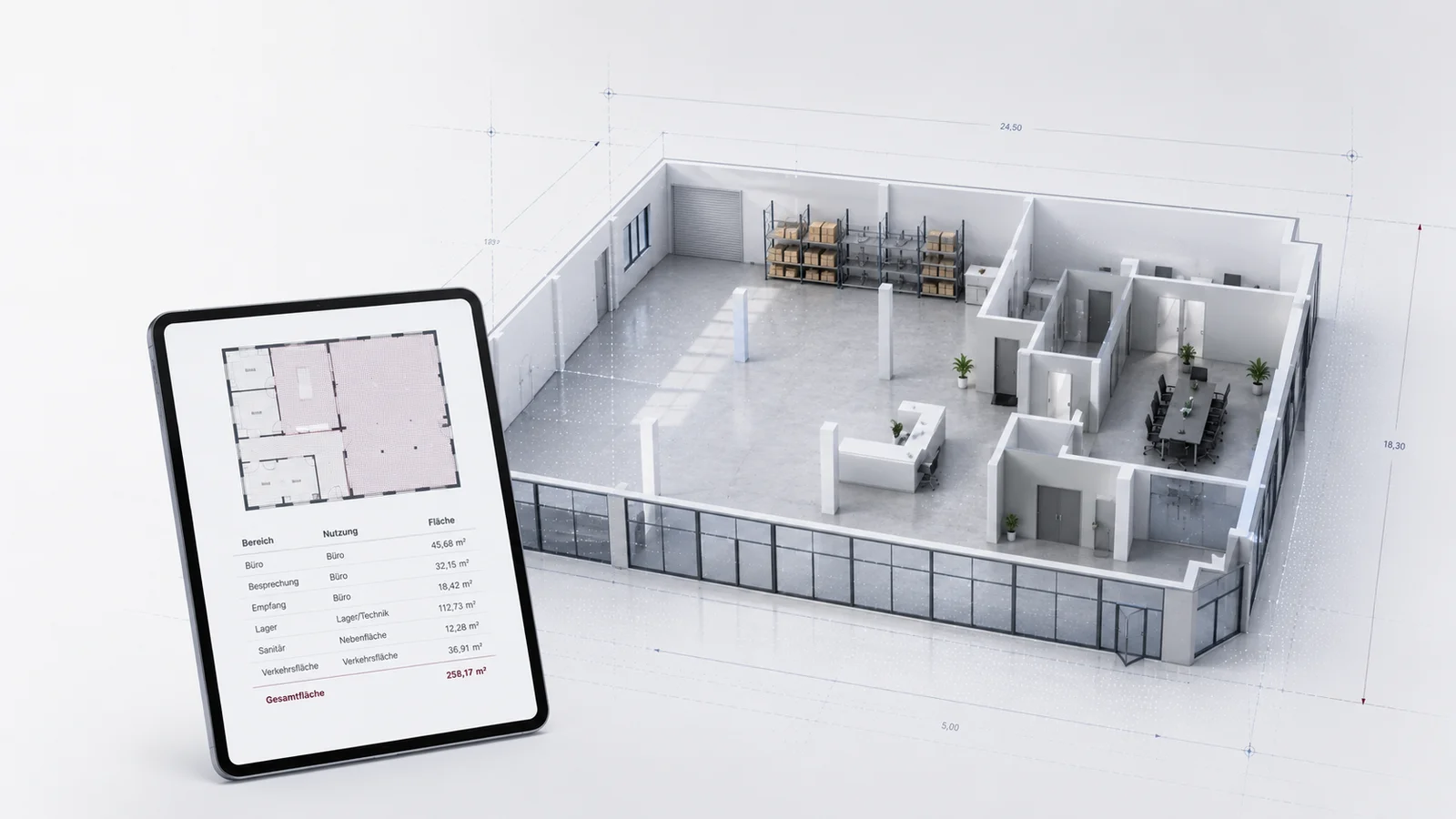 3D-Modell einer Gewerbeeinheit mit Flächenaufstellung auf einem Tablet