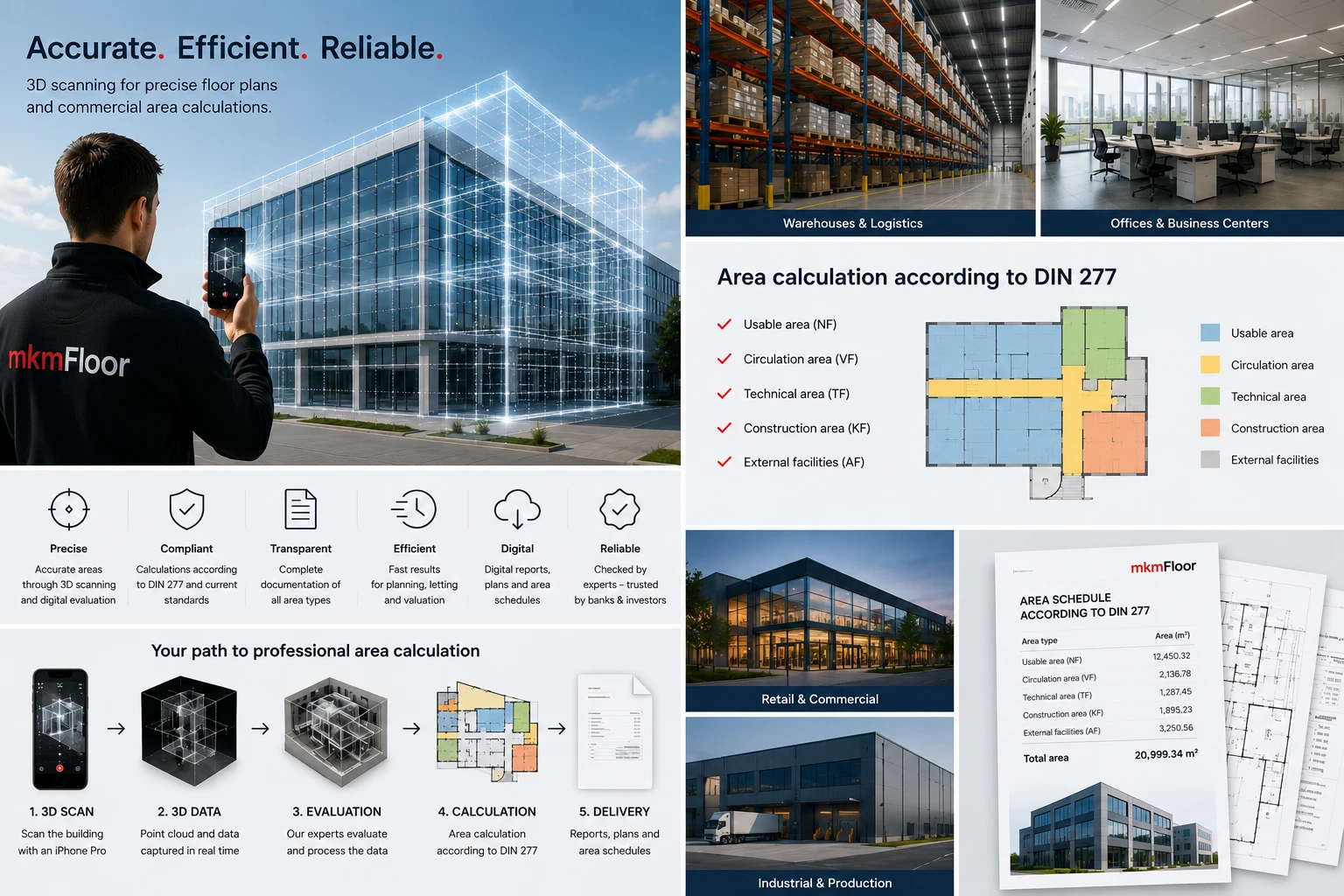 Area calculation under DIN 277: workflow from scan to delivery, colour legend for usable, circulation, technical and construction area, example properties from warehouse, office, retail and industrial use, and a sample area schedule