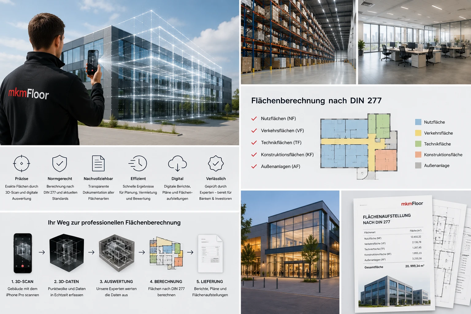 Flächenberechnung nach DIN 277: Ablauf vom Scan bis zur Lieferung, Farblegende für Nutz-, Verkehrs-, Technik- und Konstruktionsfläche, Beispielobjekte aus Lager, Büro, Handel und Industrie sowie eine beispielhafte Flächenaufstellung