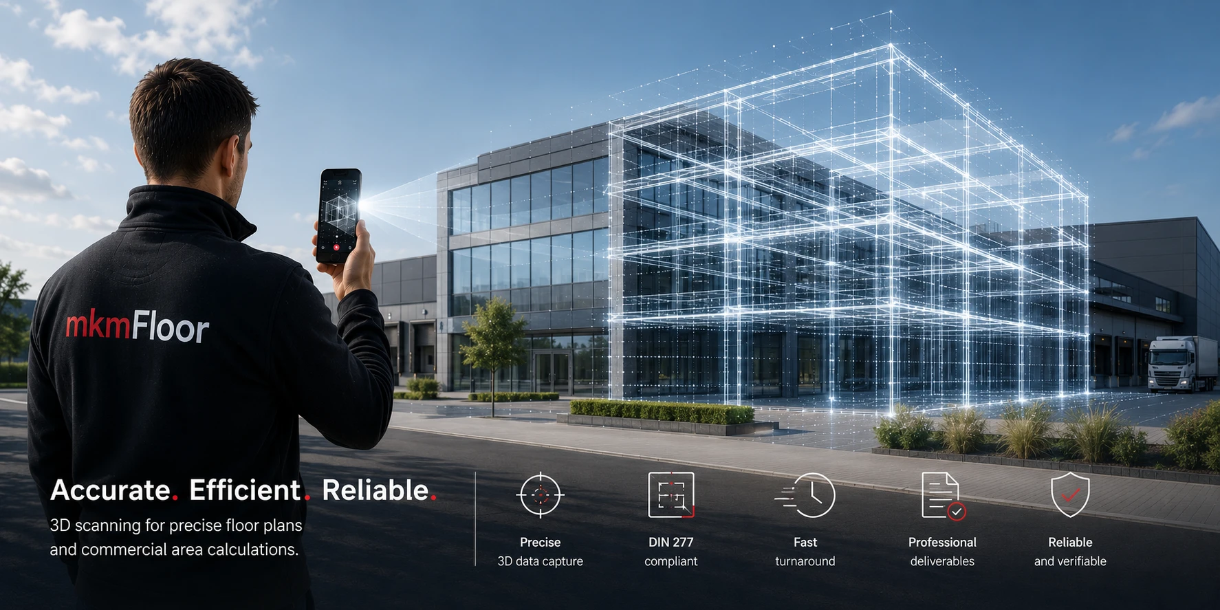 mkmFloor surveyor scanning a commercial building with LiDAR, generating a live 3D wireframe model
