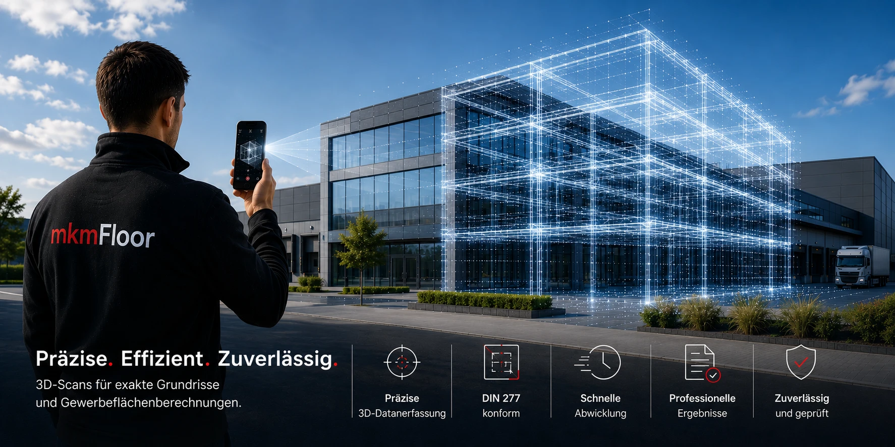 mkmFloor Vermesser scannt eine Gewerbehalle per LiDAR, live sichtbares 3D-Drahtmodell