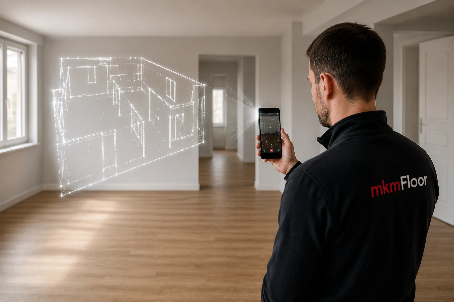 mkmFloor Mitarbeiter scannt eine leere Wohnung per Smartphone, live sichtbarer 3D-Grundriss als Hologramm
