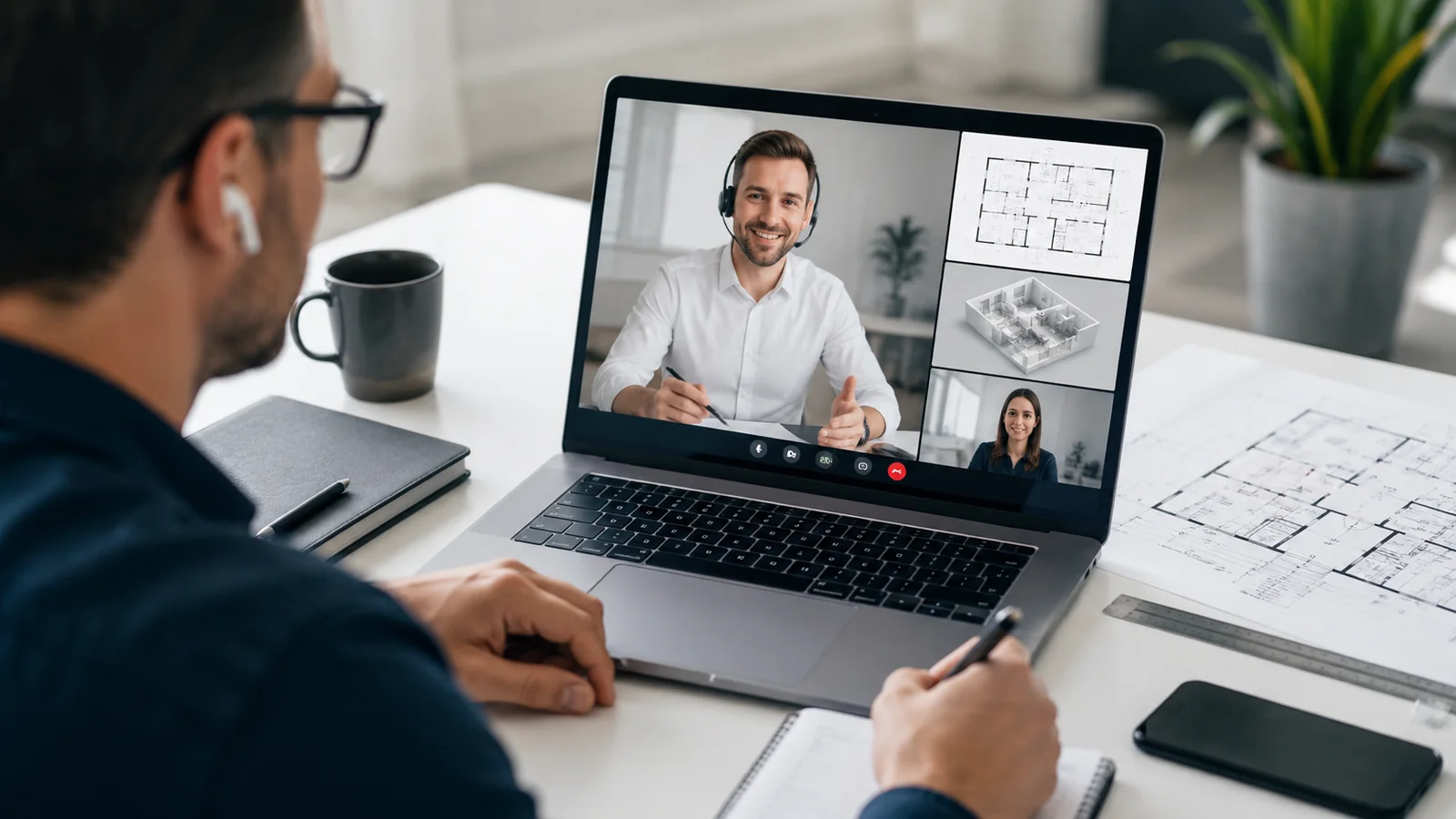 Online-Video-Termin mit Grundriss und 3D-Modell auf dem Bildschirm