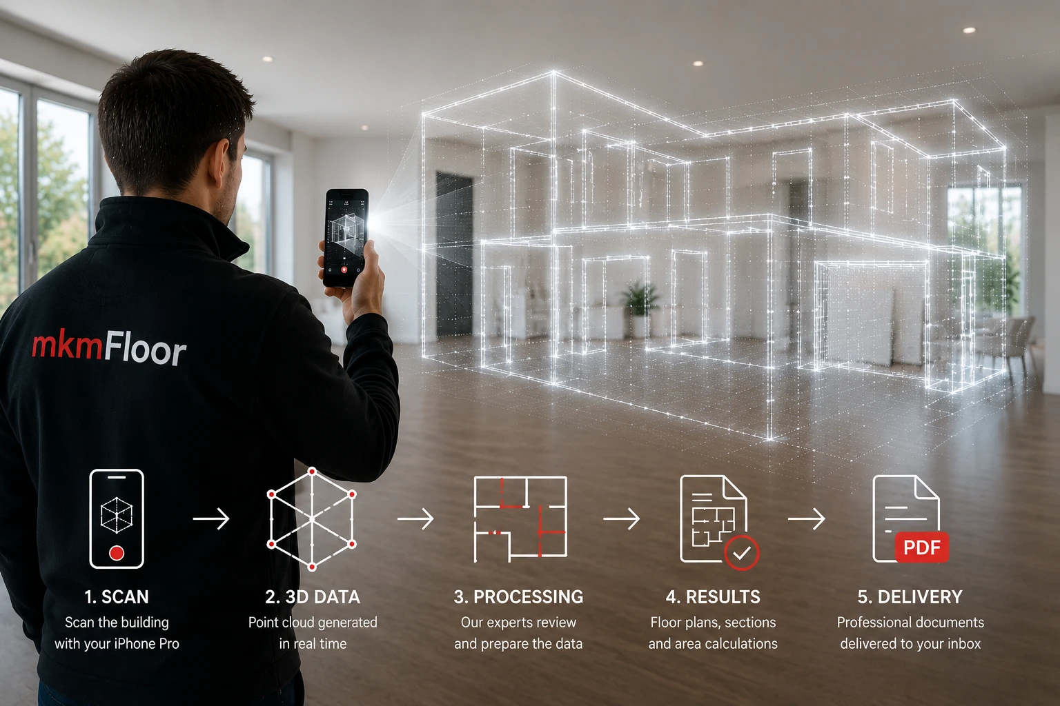mkmFloor surveyor scanning a property on site: from the scan through 3D point cloud and processing to floor plans, area calculations and PDF delivery