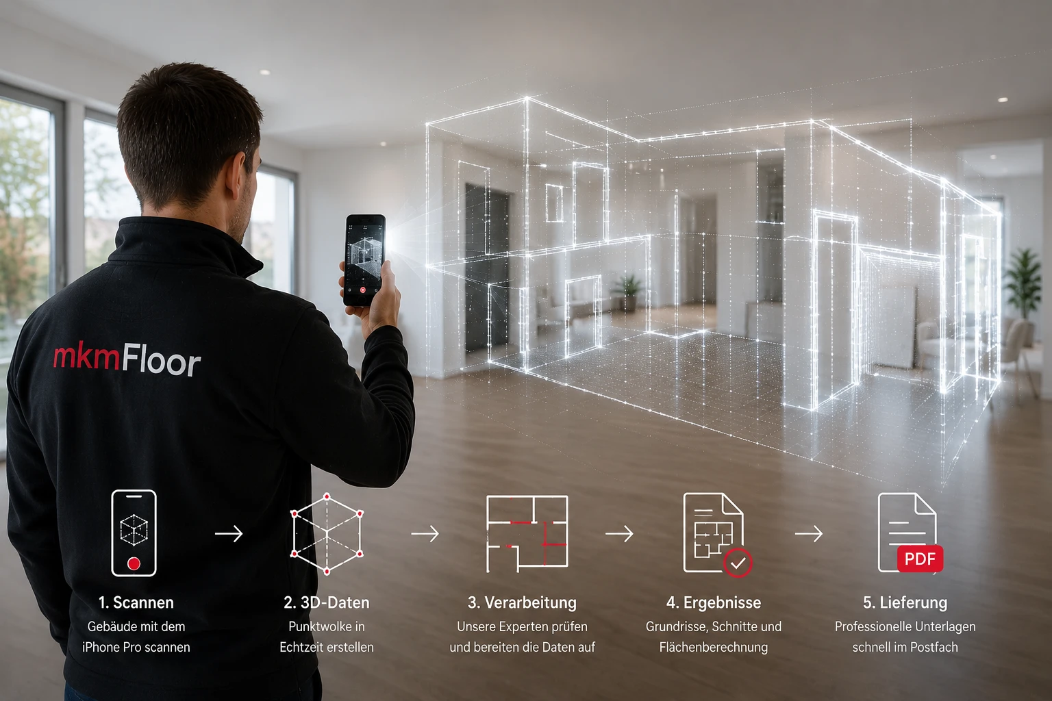 mkmFloor Vermesser scannt eine Immobilie vor Ort: vom Scan über die 3D-Punktwolke und Verarbeitung bis zu Grundriss, Flächenberechnung und PDF-Lieferung